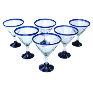 6 Quality Hand Blown Mexico Martini/Margarita Glasses Clear Cobalt Blue Rim Base - Picture 1 of 3