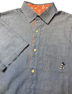 Disney Parks Mickey Mouse Shirt Men XXL Blue Chambray Hawaiian Short Sleeve #017 - Picture 1 of 9