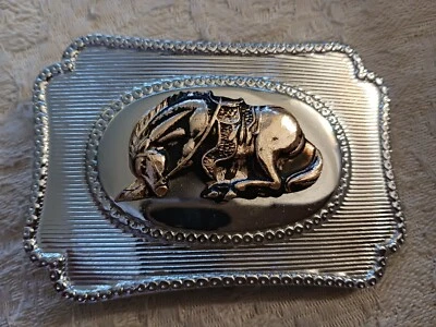 Vtg Silver Metal Belt Buckle w Copper Bucking Rodeo Horse Cowboy Style 2.5 x3.5" - Image 1 of 4