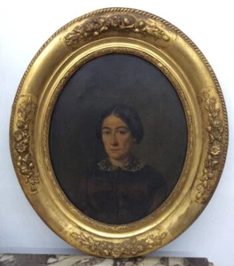 Antique French Portrait of a Woman, Oil on Canvas, Oval Gilt Frame, 19th Century - Picture 1 of 5