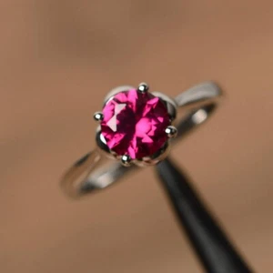 925 Sterling Silver Pink Ruby Ring Lab Created Gemstone Women Solitaire Ring - Picture 1 of 5
