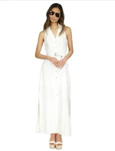 Michael Michael Kors Belted Button Down Linen Maxi Dress White Petite Size PS - Picture 1 of 4