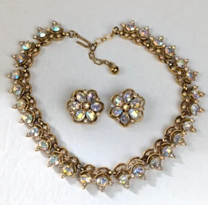 Vtg Crown Trifari Gold AB Aurora Borealis Choker Necklace and Earrings Set XLNT! - Picture 1 of 14