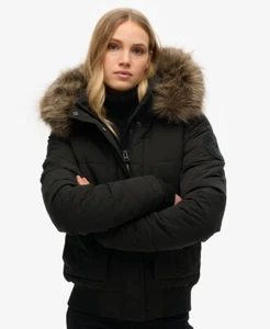 Superdry Women's Everest Black Hooded Puffer Bomber Jacket Size 16 - Picture 1 of 6