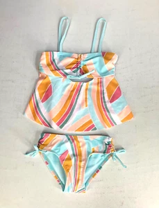 Wonder Nation Girls XS (4-5) Aqua Striped 2-Piece Cinched Tankini Swimsuit - Picture 1 of 9