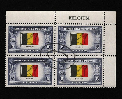 OPC 1943 US Overrun Countries Belgium Name Block Sc#914 SON Cancel 38641 - Image 1 of 2
