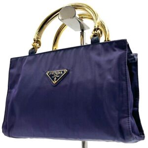 PRADA Women's Handbag Metal Handle Nylon Color Purple Gold Beautiful Item SH