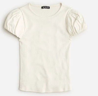 J. Crew Rib Bubble T-Shirt Top Cotton Poplin Puff Sleeves Natural Ivory XL - Image 1 of 4