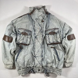 Vintage East West Jacket Mens Medium Blue Acid Wash Denim Bomber Brown Trim 80s - Picture 1 of 16
