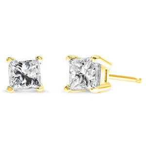 .40 Ctw Colorless Diamond Princess 14K Yellow Gold Square Solitaire Stud Earring - Picture 1 of 7
