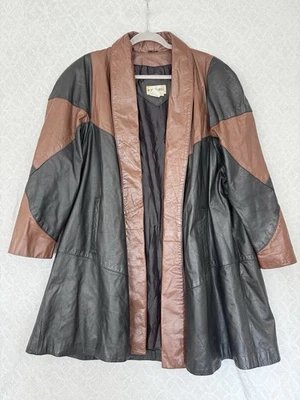 Gabardina de cuero retazos de colección para mujer grande marrón negro color bloque chaqueta años 90 Foto 1 de 4