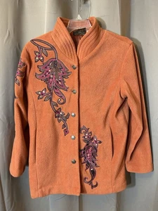 Vintage Bob Mackie Wearable Art Orange Embroidered Fleece Jacket Women's Size M - Picture 1 of 4