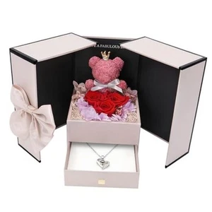Preserved Mothers Day Rose Gifts Large Box Three Roses Red with Bear & Necklace - Picture 1 of 7