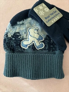 NEW Boys Cuffed Knit Hat And Glove Set Blue With Yeti - Picture 1 of 6