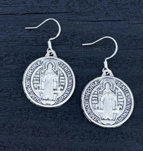 St Saint Benedict Dangle Dangler Fish hook Earrings S925 Silver - Picture 1 of 4