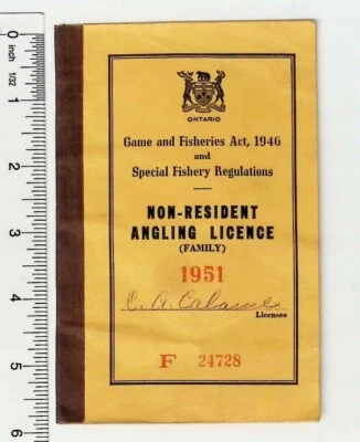 Ontario Non - Resident Angling License (family) 1951 Old Fishing License #RM30 - Image 1 of 4