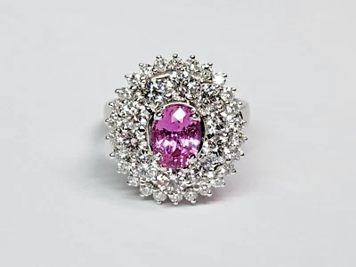 LUJOSO ANILLO DE CÓCTEL CON RACIMO DE DIAMANTES Y ZAFIRO ROSA OVALADO DE ORO DE 13,8 kW talla 8 Foto 1 de 4