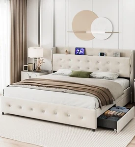 King Size Bed Frame with Storage Headboard & 4 Storage Drawers & Charging  - Picture 1 of 6