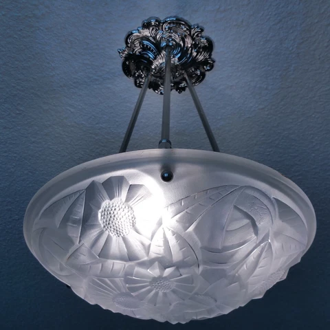 Degue Signed 1920 1930 French Art Deco Pendant Chandelier Ceiling Light F Cover