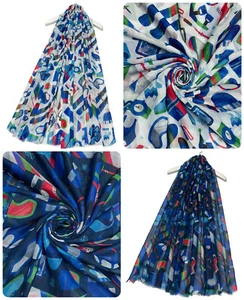 Women Snowboarding Print Off White Navy Frayed Scarf Ladies Stole 7851 - Picture 1 of 5