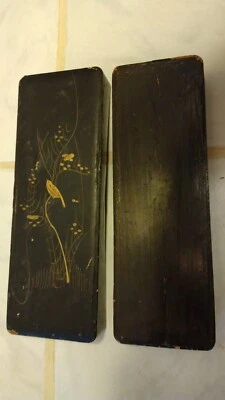 Antique Painted Lacquer  Box Gold Bird Black with Handmade Wood Blocks - Image 1 of 4
