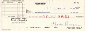 Cheque personal firmado por B-EDGAR BERGEN con fecha 1966 con certificado de autenticidad - Imagen 1 de 2