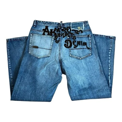 Jeans vintage Y2K Akademiks largo bordado solto hip hop rap 34x30 - Imagem 1 de 4