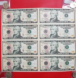 2009 USA 8 $10 TEN DOLLAR US UNCUT SHEET OF 8 UNCIRCULATED NOTES FORT WTORTH BEP - Bild 1 von 12