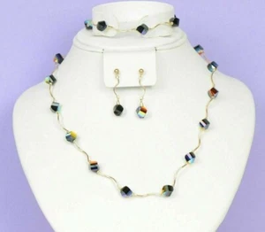 Massives 14k Gelbgold hergestellt mit Swarovski schwarzen Kristall Element Perlen Set - Bild 1 von 4