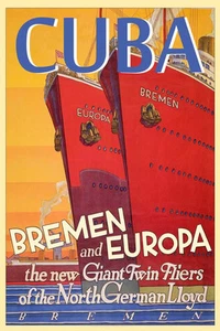 Póster de viaje de barco caribeño Cuba Norte de Alemania Lloyd Bremen y Europa 093 - Imagen 1 de 1