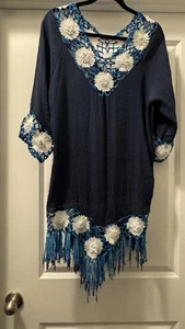 Boho Dark Blue Off The Shoulder Crochet Neckline Knee Length Dress Size M - Picture 1 of 7