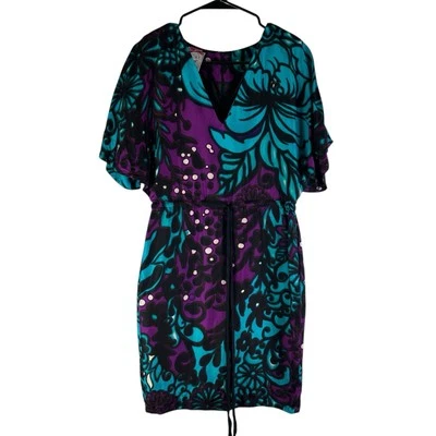 Yoana Baraschi Silk Dress Women’s 2 Purple Teal Floral Print Boho Cocktail Party - Image 1 of 4