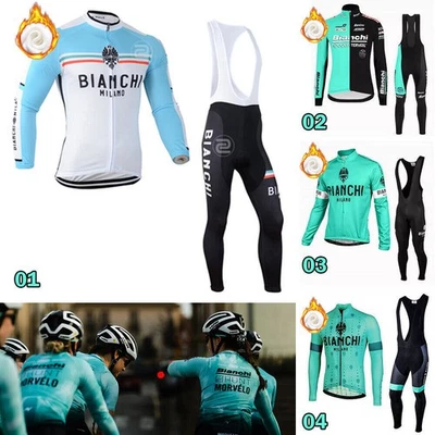 MARKENLOS Neu Fleece Herren Radtrikot Set Gepolsterte Hose Langarm Bianchi Winter Anzug DE