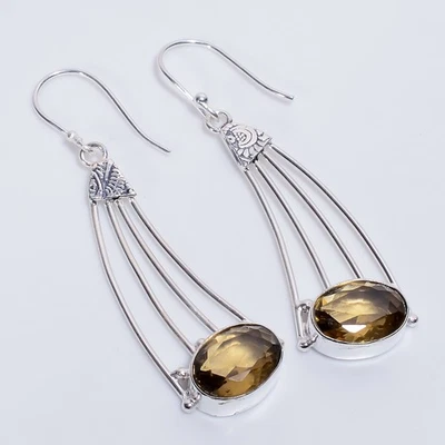 Smoky Quartz Gemstone Vintage Handmade 925 Sterling Silver Earrings 2.5" n584 - Image 1 of 4