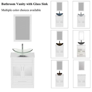 Tocador de baño de 24" con lavabo de vidrio con grifo desagüe emergente moderno blanco - Imagen 1 de 64