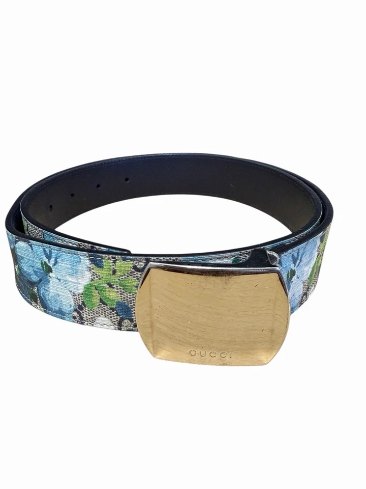 Cinturón Gucci GG Flor PVC Cuero Hebilla Plateada Azul Floral Talla 90/36 Foto 1 de 4