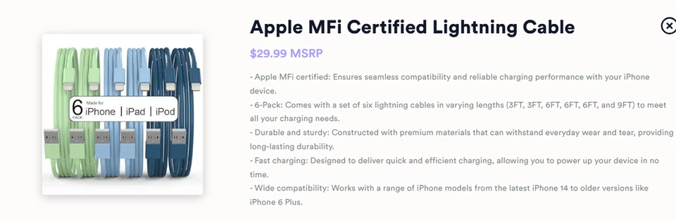 Paquete de 6 (3/3/6/6/6/6/10 pies) [certificado Apple MFi] cable cargador largo Lightning para iPhone Foto 1 de 1