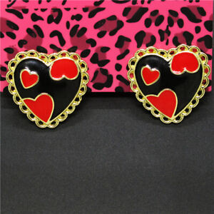 New Betsey Johnson Black Enamel Cute Red Heart Crystal Women Stand Earrings