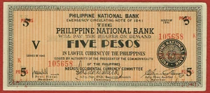BANCO NACIONAL DE FILIPINAS 1941 NEGROS DE EMERGENCIA 5 PESOS (ELIGE#S626) XF+ - Imagen 1 de 2