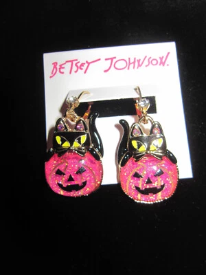 Betsey Johnson Halloween Cat on a pink pumpkin dangle Earrings - Image 1 of 3