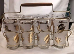 Libbey Gold Leaf Frosted Tumbler Glasses in Metal Caddy VINTAGE MCM Set Of 8 - Picture 1 of 7