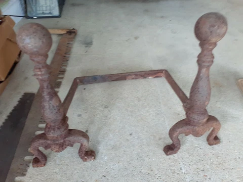 Antique Vintage Cast Iron Fireplace Andirons Art Deco Ornate Cannonball Cover