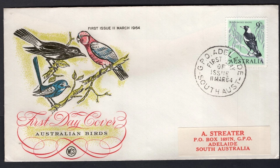 Australia 1964 8d negro respaldo urraca pájaro cubierta FDC - sin dirección Foto 1 de 1