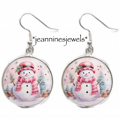 Pendientes Muñeco de Nieve Rosa Pastel Regalo Navidad Plata Dije Pendientes Colgantes Foto 1 de 4