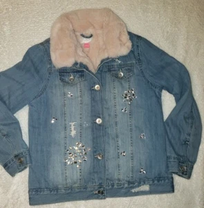 The Children's Place L 10/12 Denim Rhinstones Squad Faux Fur Lining Jacket EXC - Picture 1 of 7