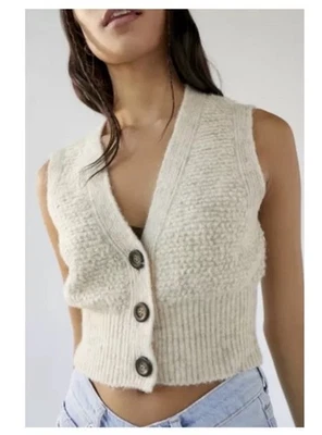 Urban Outfitters M Cream Paige Textured Sweater Vest Button Wool Blend Knit UO - Image 1 of 4