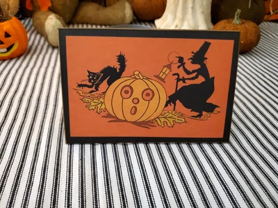 OLD VINTAGE RETRO PRIMITIVE NAPKIN CREPE PAPER STYLE HALLOWEEN WITCH WOOD SIGN - Image 1 of 4