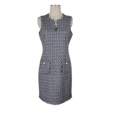 Karl Lagerfeld Paris Tweed Dress Size 10 Black White Fringe Trim Button Pockets - Image 1 of 4