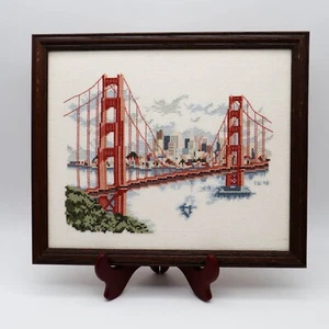 Vintage San Francisco Golden Gate Bridge punto croce completo incorniciato 13"x11" arte - Foto 1 di 5
