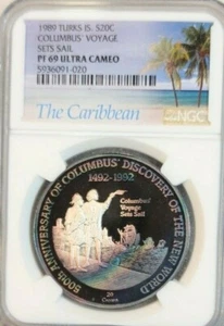 1989 TURKS IS SILVER 20 CROWNS COLUMBUS NGC PF 69 ULTRA CAMEO NICE COLOR TOP POP - Picture 1 of 4